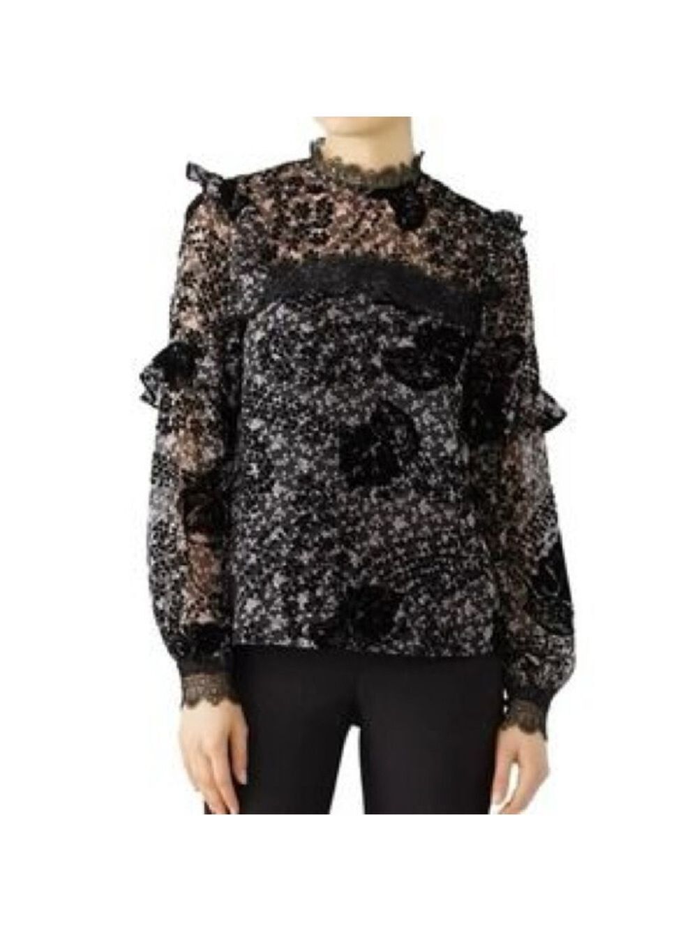 Three Floor Hoodoo Black Lace Floral Print Top - Size 6